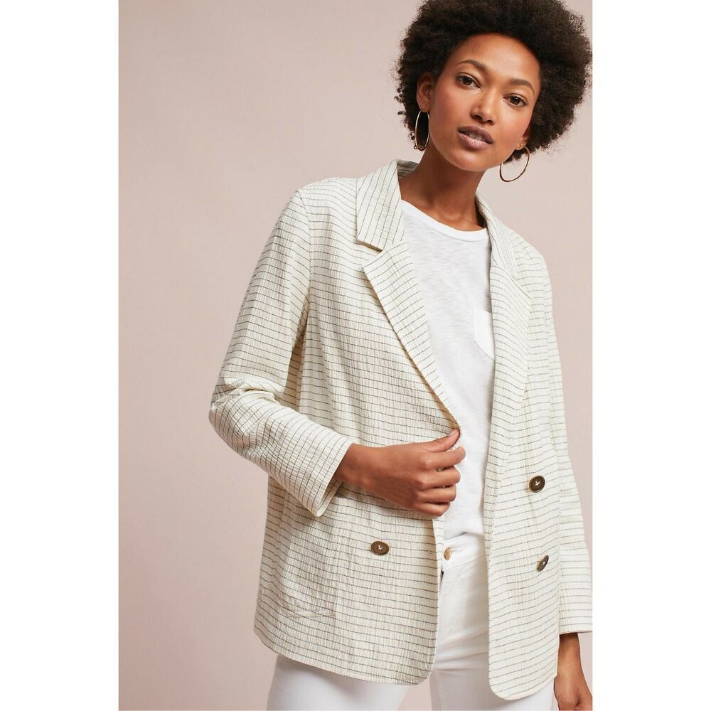 Anthropologie Cartonnier Textured Double Breasted Pinstriped Blazer Size M
